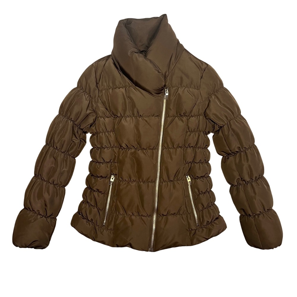 Kenneth Cole New York Brown Down Puffer Jacket Funnel‎ Neck Zip Front Women's S
